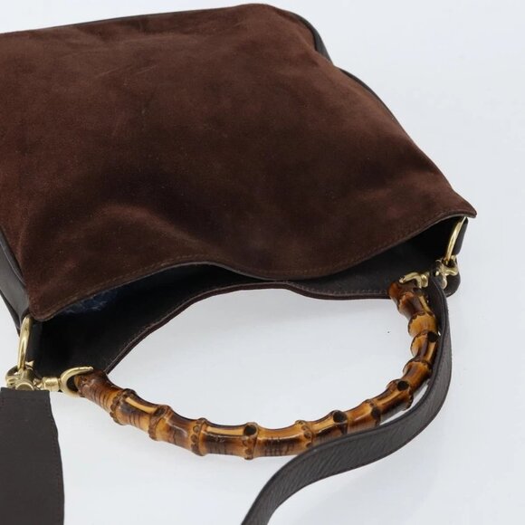 GUCCI Bamboo Shoulder Bag Suede 2way Dark Brown Gold Auth - Picture 7 of 16
